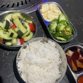 Kangnam Korean BBQ - Side dishes - rice, cucumber salad, jalapeño and garlic - Barbeque Near Me - San Diego, California Kangnam Korean BBQ - Side dishes - rice, cucumber salad, jalapeño and garlic - Barbeque Near Me - San Diego, California
