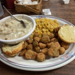 Chicken & Dumplings, corn, fried okra, corn muffins