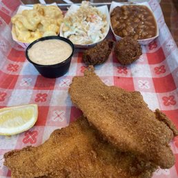 Catfish, Mac & Cheese, Peanut Slaw, Baked Beans, Cajun Tartar Sauce