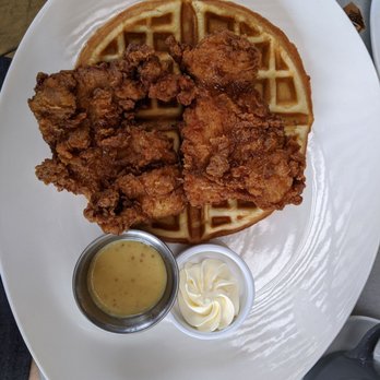 Harry's Restaurant - Delicious spicy chicken and waffles with butter and honey mustard on the side - Breakfast & Brunch Near Me - Houston, Texas
