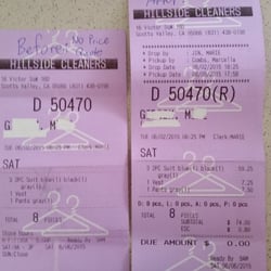 Hillside Cleaners - Drop off Ticket (without price quote), reciept (8 items $74.80!)