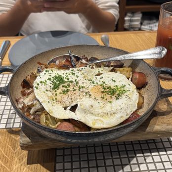 Avec - Chicago - breakfast spread with potato, pork belly, sausage and egg - Mediterranean Near Me - Chicago, Illinois
