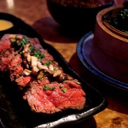 Tattu - Caramel Soy Aged Beef Fillet: UK premium aged beef, shiitake, ginger and asparagus (7oz for £39).