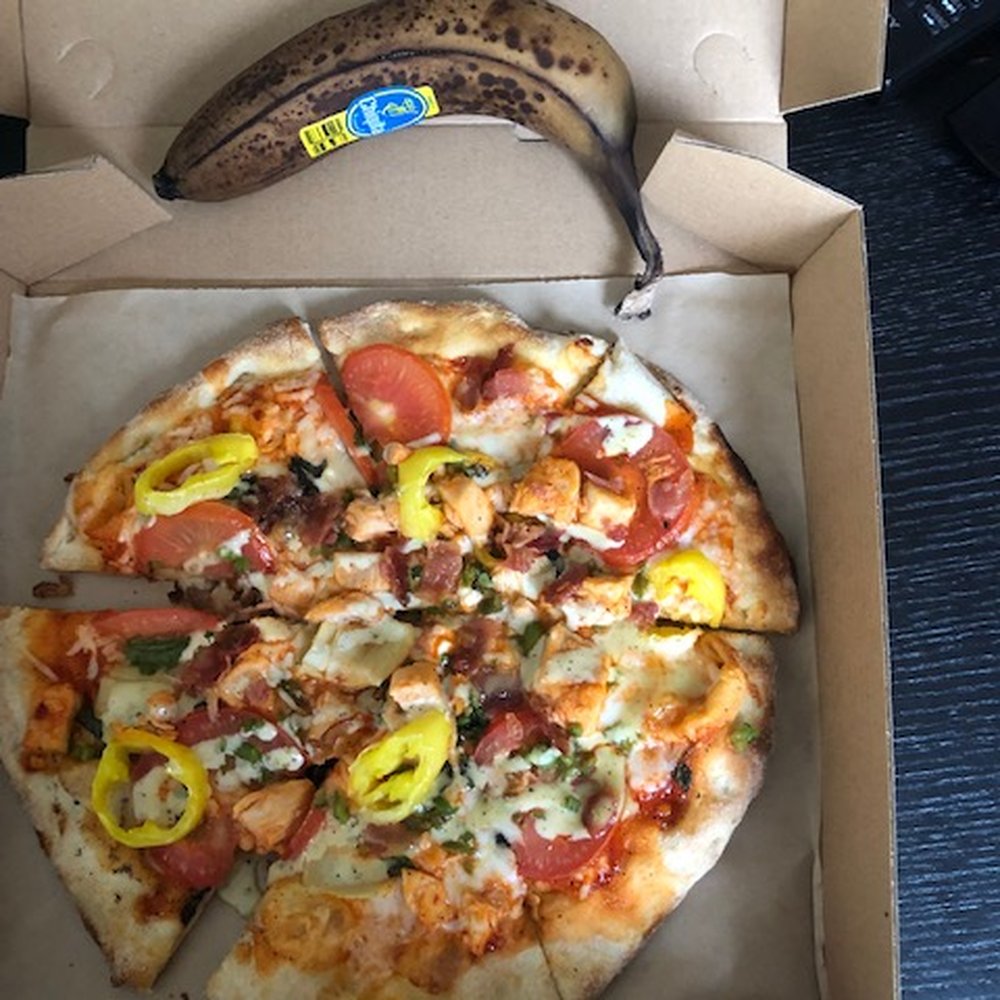 Your Pie Pizza - Individual-size pizza (banana for scale). Buffalo sauce, shredded mozzarella, peppers, etc., honey mustard drizzle on top - Pizza Near Me - Blacksburg, Virginia Your Pie Pizza - Individual-size pizza (banana for scale). Buffalo sauce, shredded mozzarella, peppers, etc., honey mustard drizzle on top - Pizza Near Me - Blacksburg, Virginia