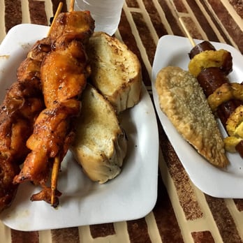Piñones - Pinchos, beef and cheese empanadas, sausage and tostones. All this for $10.00 - Local Flavor Near Me - Loíza, Puerto Rico