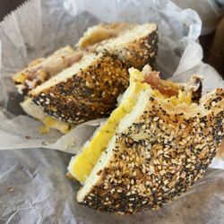 Bacon egg and cheese on everything bagel