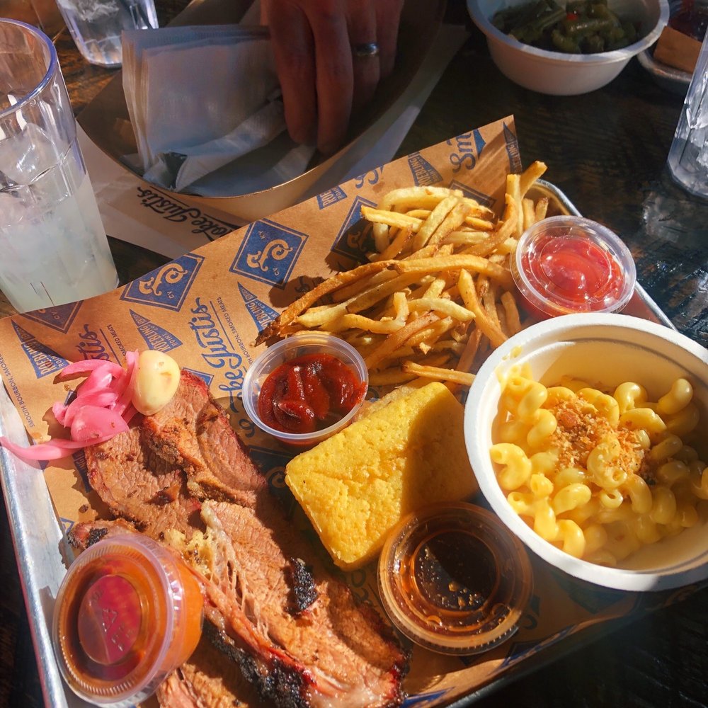 Smoke Justis - Smoked Meat Plate Single with brisket, Fresh Cut Fries, cornbread, and Mac & Cheese - Bars Near Me - Covington, Kentucky