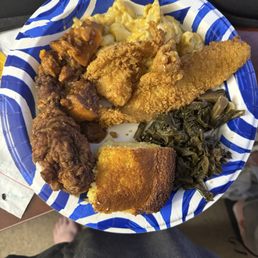 Fish & Chicken with greens- corn bread- cabbage