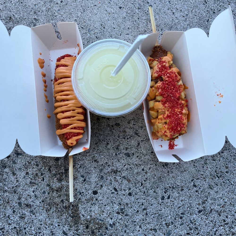 Two Hands Corn Dogs - Spicy and potato dog with a lemonade - Korean Near Me - Torrance, California Two Hands Corn Dogs - Spicy and potato dog with a lemonade - Korean Near Me - Torrance, California