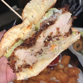 Harlem Public - Inside the Fried Chicken Thigh sandwich (hot side on the side) - New American Near Me - New York, New York