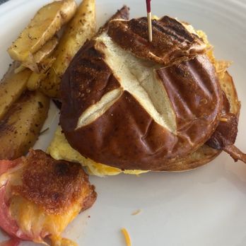 Key Plaza Creperie - Breakfast sandwich on pretzel bun - Creperies Near Me - Key West, Florida