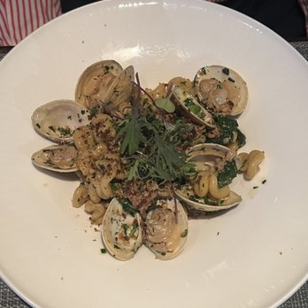 Primo - A dish featuring pasta and clams, garnished with herbs and microgreens, served on a white plate. - Mediterranean Near Me - Rockland, Maine