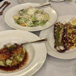 Appetizers - Classic Caesar Salad (top), Sea Scallops (left), Grilled Octopus (right)
