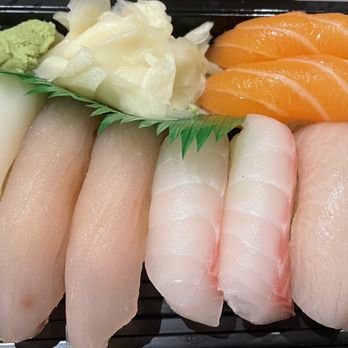 Sushi Bay 17 - Salmon (top), white tuna (left to right), albacore tuna, red snapper and yellow tail - Sushi Bars Near Me - Denver, Colorado Sushi Bay 17 - Salmon (top), white tuna (left to right), albacore tuna, red snapper and yellow tail - Sushi Bars Near Me - Denver, Colorado