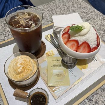 Seoul Sweets - Strawberry bingsoo aka shaved ice and iced americano and injeolmi tiramisu - Desserts Near Me - New York, New York Seoul Sweets - Strawberry bingsoo aka shaved ice and iced americano and injeolmi tiramisu - Desserts Near Me - New York, New York