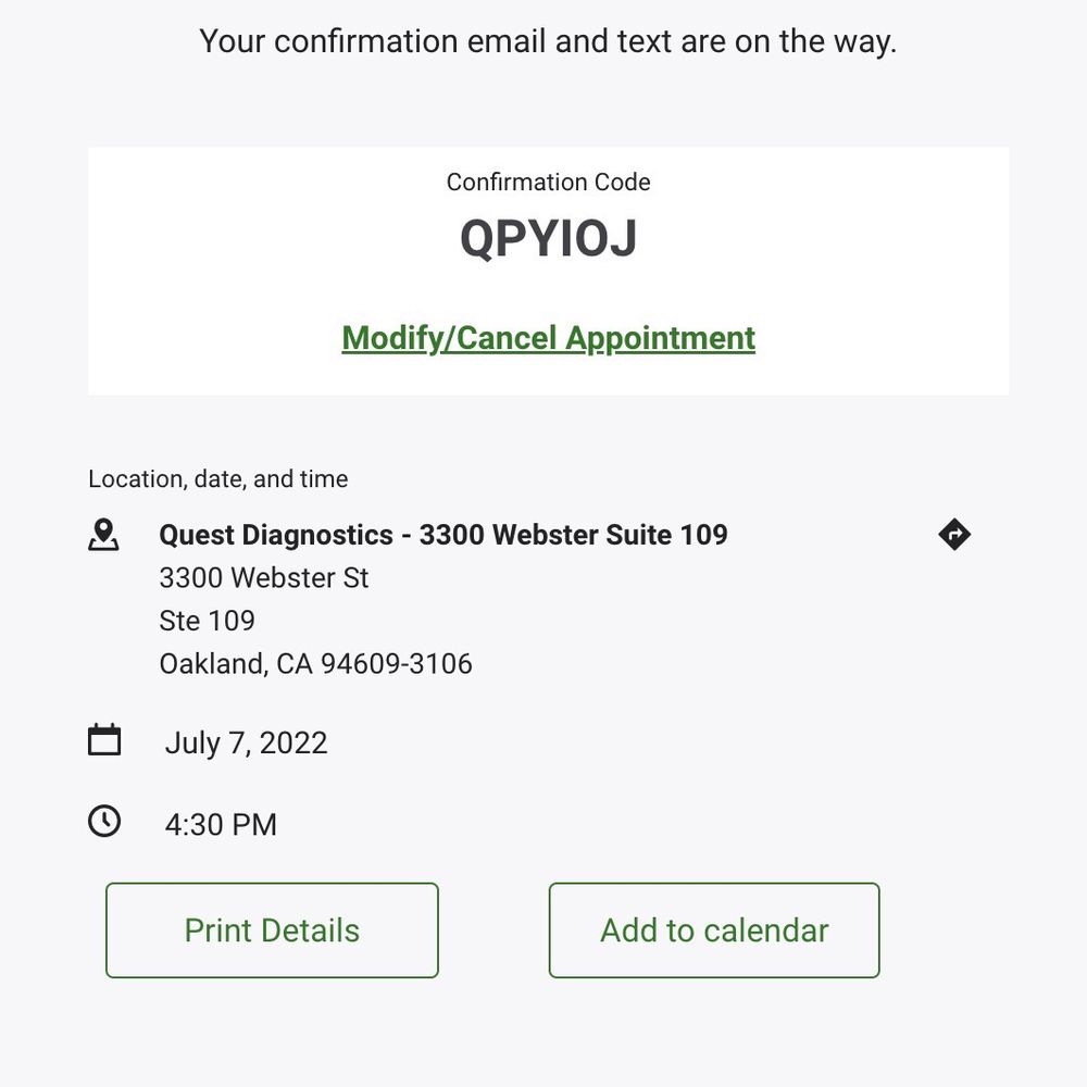 Quest Diagnostics - This is the confirmation code that confirms my dad's appointment - Laboratory Testing Near Me - Oakland, California Quest Diagnostics - This is the confirmation code that confirms my dad's appointment - Laboratory Testing Near Me - Oakland, California