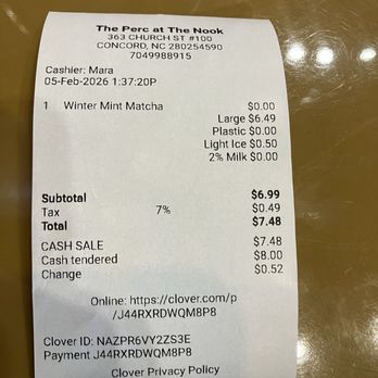Percent - The Nook - Receipt - Beer, Wine & Spirits Near Me - Concord, North Carolina