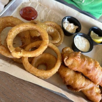 The Lakehouse - Fish and chips with onion rings - Burgers Near Me - Fort Worth, Texas The Lakehouse - Fish and chips with onion rings - Burgers Near Me - Fort Worth, Texas