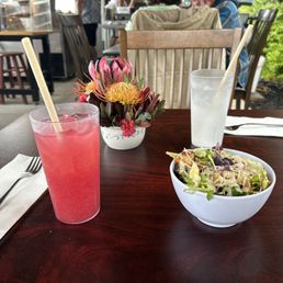 Table setting, Dragon Lily Lemonade, Coconut Soda, Caesar Salad Table setting, Dragon Lily Lemonade, Coconut Soda, Caesar Salad