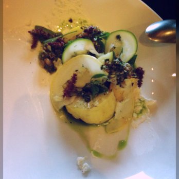 Geraldine's - Grilled Summer Squash Pecan sorrel gremolata / lime ricotta / hoja santa - New American Near Me - Austin, Texas Geraldine's - Grilled Summer Squash Pecan sorrel gremolata / lime ricotta / hoja santa - New American Near Me - Austin, Texas