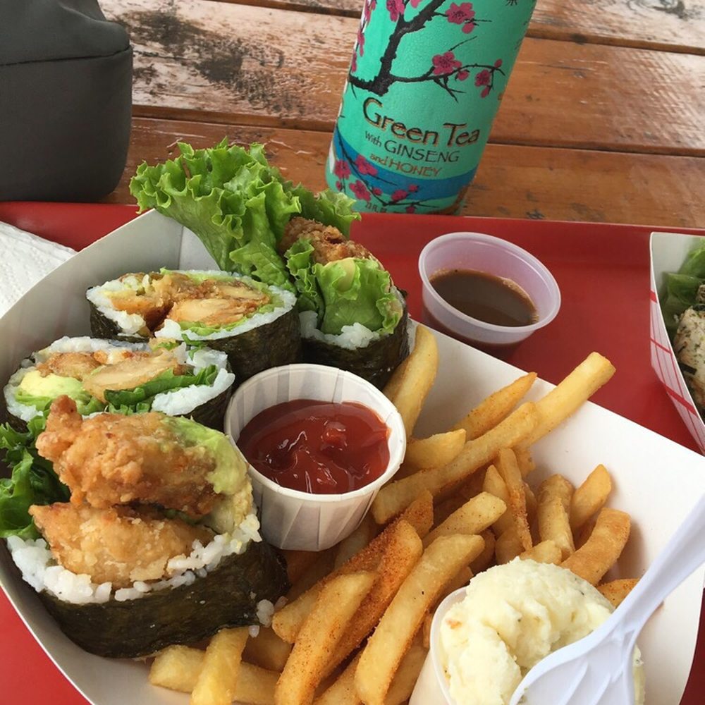 Ginger Chicken Sushi Wrap w/ Fries & Potato Salad Ginger Chicken Sushi Wrap w/ Fries & Potato Salad
