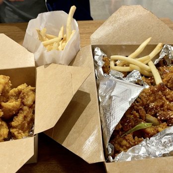 Left Wing - Original wings, Fries, Sweet & Spicy, and Chili Soy Garlic wings (from left to right) | IG: @nomwithelaine - Korean Near Me - San Francisco, California Left Wing - Original wings, Fries, Sweet & Spicy, and Chili Soy Garlic wings (from left to right) | IG: @nomwithelaine - Korean Near Me - San Francisco, California
