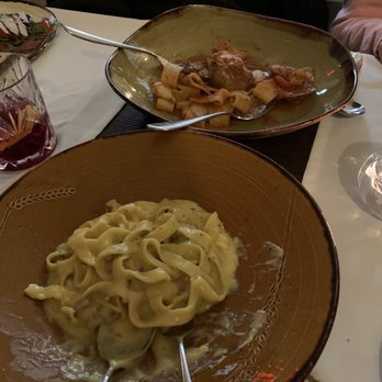 Artusi Restaurant - Tagliatelle papalina (front) and calamarata profumo di mare (back) - Italian Near Me - New Westminster, British Columbia