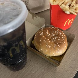Med fries, med coke and quarter pounder no onions. Med fries, med coke and quarter pounder no onions.