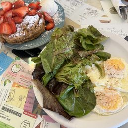 Trio- eggs over medium, salad greens, and sweet potato oatmeal pancakes Trio- eggs over medium, salad greens, and sweet potato oatmeal pancakes