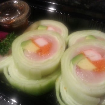 Sushi Time - Yellow tail Naruto (cucumber wrapped fish eggs, crab meat, yellow tail & avocado) - Sushi Bars Near Me - Elmhurst, Illinois Sushi Time - Yellow tail Naruto (cucumber wrapped fish eggs, crab meat, yellow tail & avocado) - Sushi Bars Near Me - Elmhurst, Illinois