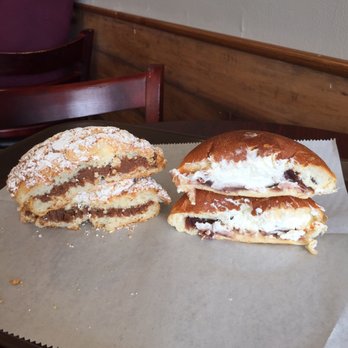 Yoon's Bakery - Choco soboro ($2.29) and red bean cream bun ($2.69) - cut messily with a plastic knife - Bakeries Near Me - Ann Arbor, Michigan