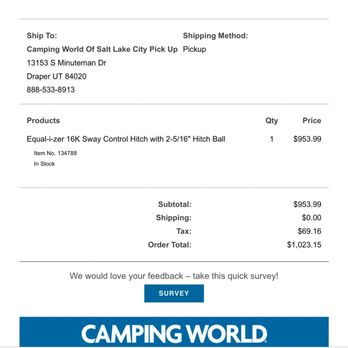 Camping World - Draper - Receipt showing that the hitch was paid for in full! - RV Dealers Near Me - Draper, Utah Camping World - Draper - Receipt showing that the hitch was paid for in full! - RV Dealers Near Me - Draper, Utah