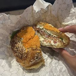 St Urbain Bagel Bakery - Smoked Salmon, herb and garlic cream cheese, cheese craigel