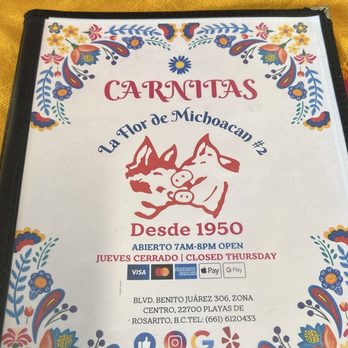 Carnitas La Flor de Michoacán 2 - Front menu - Mexican Near Me - Rosarito, BCN