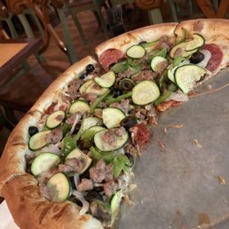 Combination pizza with sliced zucchini added. Combination pizza with sliced zucchini added.
