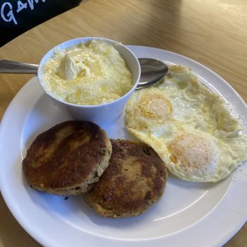 The Serving Spoon - Grits with two eggs over easy and salmon cakes. - Breakfast & Brunch Near Me - Inglewood, California The Serving Spoon - Grits with two eggs over easy and salmon cakes. - Breakfast & Brunch Near Me - Inglewood, California