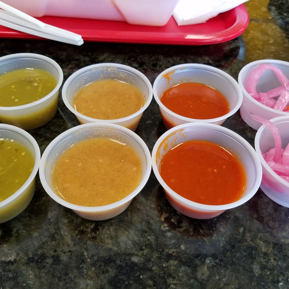Viva El Taco Express - Salsa verde, medium roasted, and hot salsa + side of pickled onions - Tacos Near Me - Las Vegas, Nevada Viva El Taco Express - Salsa verde, medium roasted, and hot salsa + side of pickled onions - Tacos Near Me - Las Vegas, Nevada