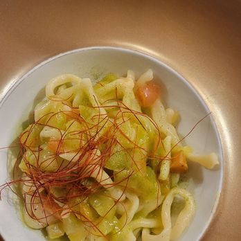 Ambrosia - Pici pasta w/ elephant ear garlic & green tomatoes - Tuscan Near Me - Cortona, Arkansas