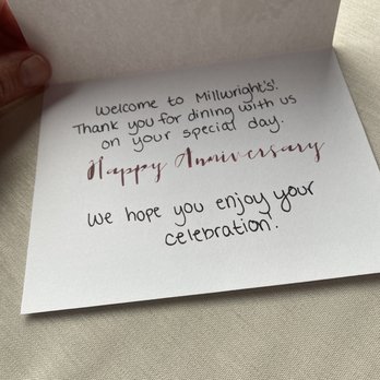 Millwright's - Our anniversary card, which was very thoughtful! - New American Near Me - Simsbury, Connecticut
