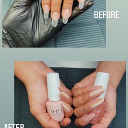 Sam Polished It - Gel x Extensions with matte polish and gold foil (Before & After).