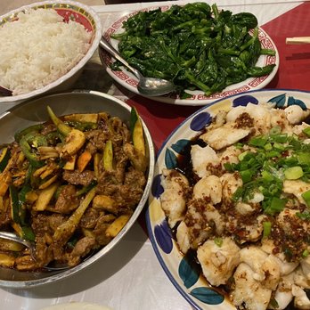 Sichuan River - DP5 Dry Pot Lamb, pea shoots, CS2 Hot and Spicy Jumping Fish Filet - Szechuan Near Me - Austin, Texas