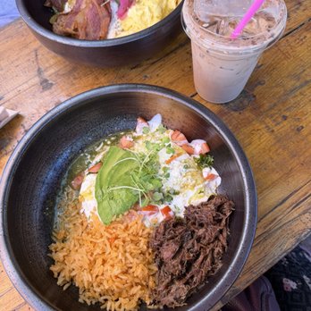 Hola Adios Coffeeshop - Huevos Rancheros with Barbacoa & Chilaquiles Verde with Bacon - Coffee & Tea Near Me - Tustin, California