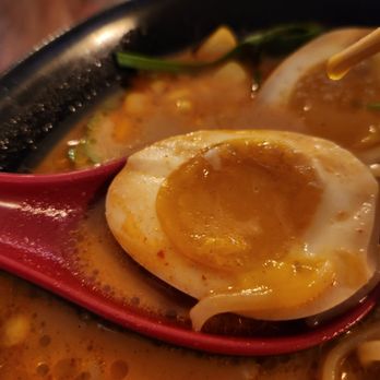 Ramen Izakaya - Gooey egg in the Spicy Miso Ramen. - Ramen Near Me - North Hollywood, California Ramen Izakaya - Gooey egg in the Spicy Miso Ramen. - Ramen Near Me - North Hollywood, California