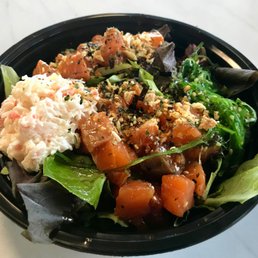 Regular size (2 scoops) poke bowl: regular and spicy salmon. Mixed salad base with Krab salad and seaweed salad as sides. Regular size (2 scoops) poke bowl: regular and spicy salmon. Mixed salad base with Krab salad and seaweed salad as sides.