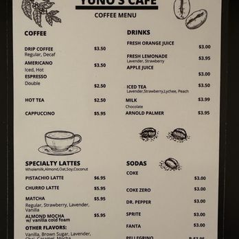 Yuno’s Cafe - The Coffee Menu. Really good churro and almond mochas - FYI they come iced. Enjoy! - Coffee & Tea Near Me - Port Hueneme, California Yuno’s Cafe - The Coffee Menu. Really good churro and almond mochas - FYI they come iced. Enjoy! - Coffee & Tea Near Me - Port Hueneme, California