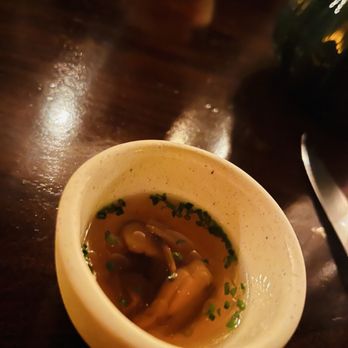 Gwen - Little chicken broth and mushroom shot to cleanse the palette - New American Near Me - Los Angeles, California