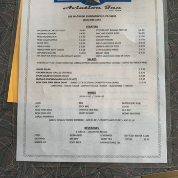 Aviation Inn - Front of menu - Burgers Near Me - Duncansville, Pennsylvania
