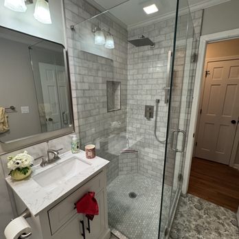 Benz Home Remodeling - Half bath - added shower and updated layout - custom tile, niche and rain shower - Cabinetry Near Me Benz Home Remodeling - Half bath - added shower and updated layout - custom tile, niche and rain shower - Cabinetry Near Me