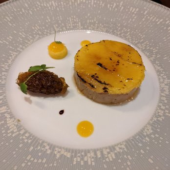 l’abeille - Foie gras topped with charred mango and mango chutney on the side - French Near Me - New York, New York l’abeille - Foie gras topped with charred mango and mango chutney on the side - French Near Me - New York, New York