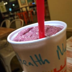 Tropical Smoothie Cafe - Health Nut Smoothie: Blueberries, Mango, Banana, Almonds & Whey Protein (Or Soy or Pea), requested without Turbinado Sugar.